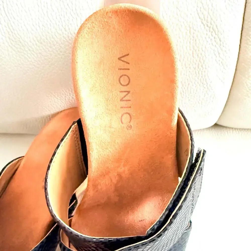Vionic Leticia Black Lizard Embossed Cork Wedge Sandals